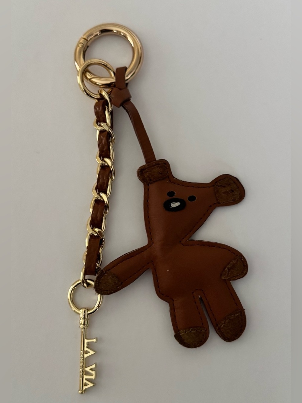 Brown Leather Bear Key / Bag Charm with Gold Hardware